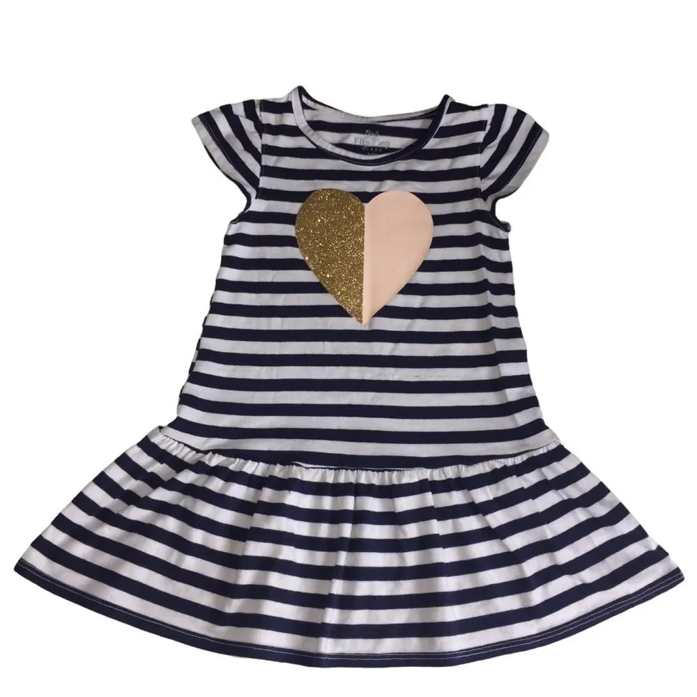 Navy Blue Striped Heart Short Sleeve Dress Size 4T